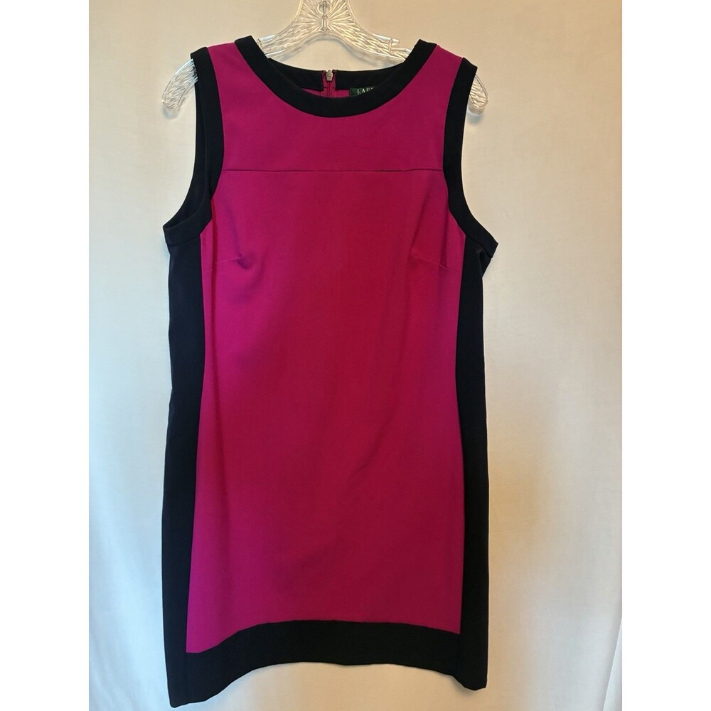 Lauren Ralph Lauren Size 14 Sheath Dress Color Block Navy Fuchsia Contrast Sides